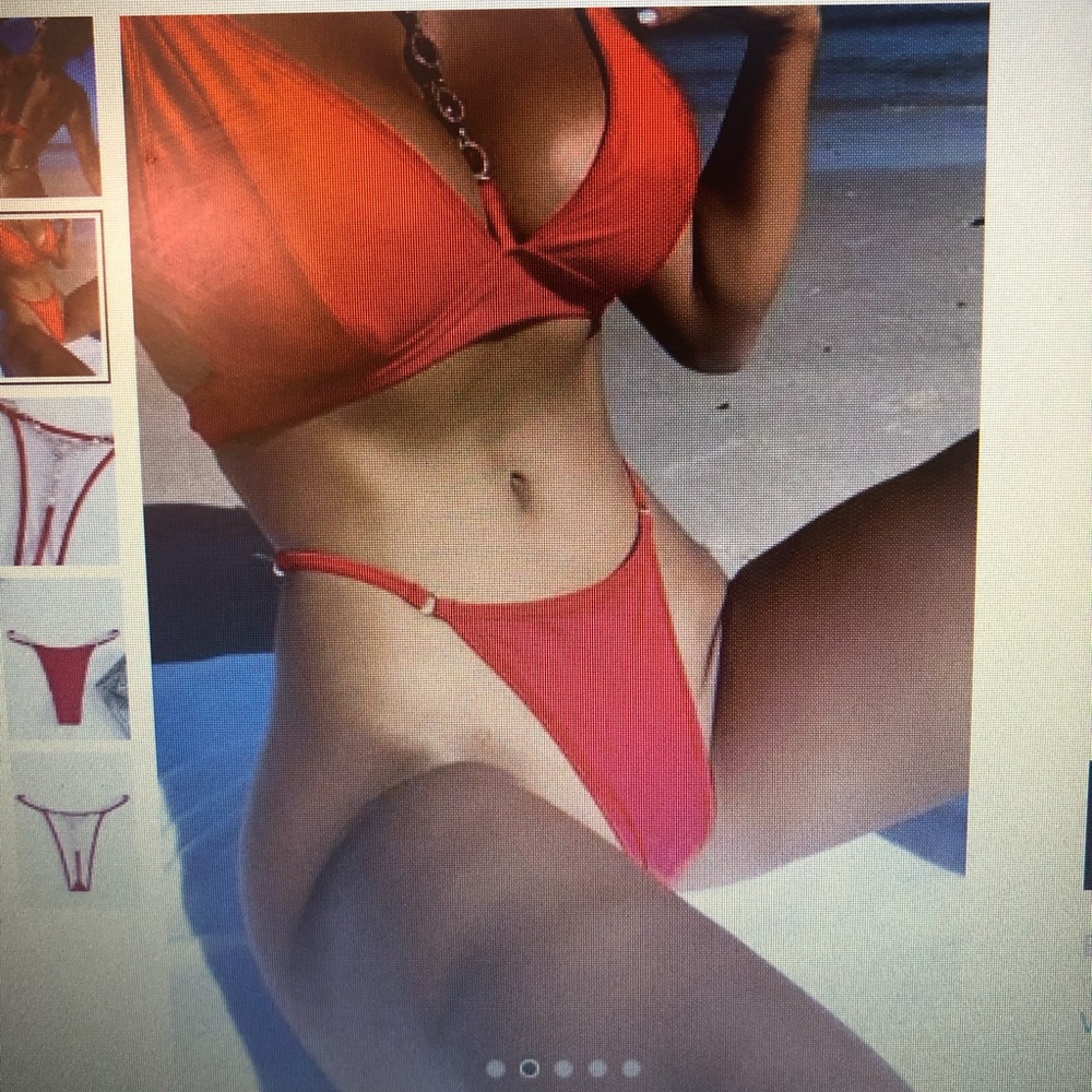 Gem Detail Tied Backless Bikini Top Chain Link Bikini Bottom (Red) Size Medium - Picture 3 of 12